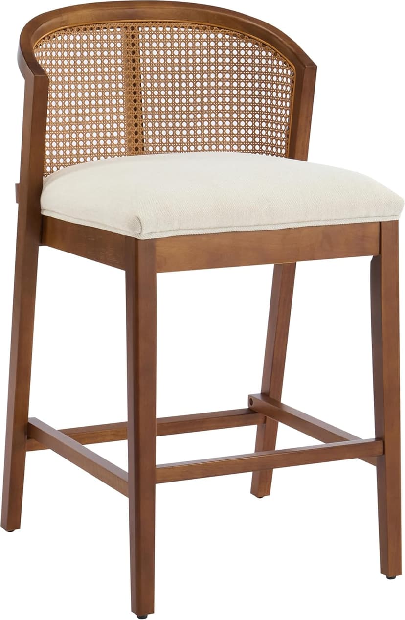 Christopher Knight Home JENA Rattan Counter Stools Set of 2, Counter Height Bar Stools for Bar Table, Rubberwood Frame with Upholstered Barstools, Wood Accent Chair with Footrest, Beige + Walnut