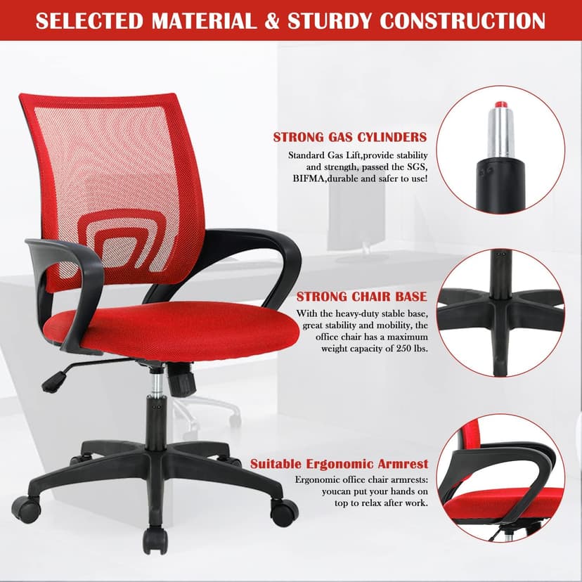 Office Chair, Desk Chair with Lumbar Support Arms, Adjustable Computer Chair with Breathable Mesh Backrest, Home Office Desk Chairs for Student, Adults, Study, Dorm, Comfortable Office Chair(Red)