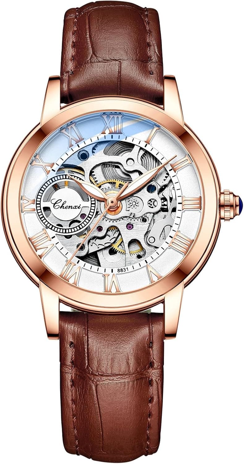 MASTOP Women's Sapphire Watches Automatic Steampunk Self Winding Mechanical Gold Bracelet Ladies Skeleton Wrist Watch Leather Strap for Ladies Famale