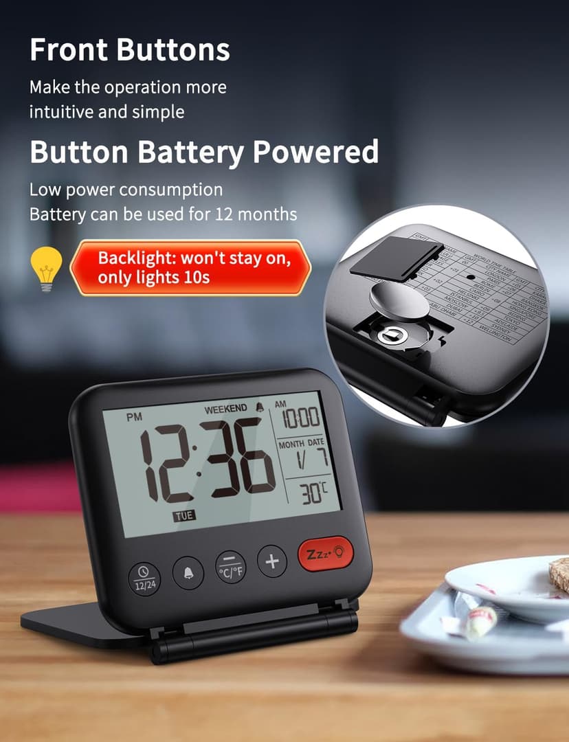 NOKLEAD Digital Travel Alarm Clock for Bedroom Office: Small LCD Desk Clock with Backlight Date Temperature Snooze 12/24H Weekend Mode and Mirror, Battery Powered Folding Bedside Clock for Adult Kids