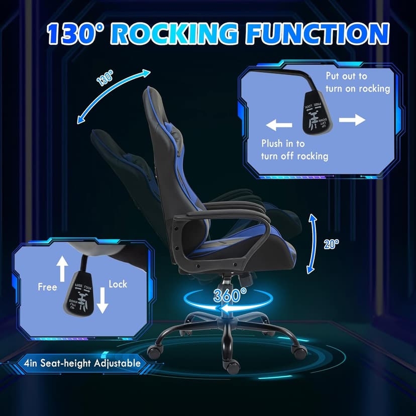 ECOTOUGE Gaming Chair, Ergonomic Video Game Chair with Massage Lumbar Support & Rocking High Back, 360° Swivel Computer Gamer Chair for Gaming or Office, Height Adjustable, Blue