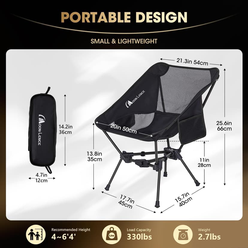 MOON LENCE Portable Camping Chair Backpacking Chair - The 4th Generation Ultralight Folding Chair - Compact, Lightweight Foldable Chairs for Hiking Mountaineering, Beach (Black-1Pack)