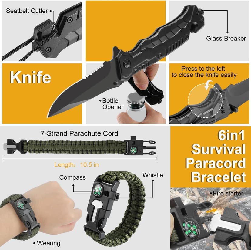 XKASE Survival Kit, Gifts for Men Dad Husband, Emergency Survival Gear and Equipment 19 in 1, Fishing Hunting Birthday for Men, Camping Accessories, Cool Gadget, Camping Essentials