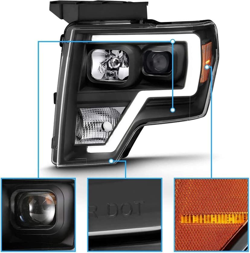AmeriLite for 2009-2014 Ford F150 Truck LED Bar Square Projector Halogen Black Headlights Set High/Low Beam Bulb Included - Driver and Passenger Side