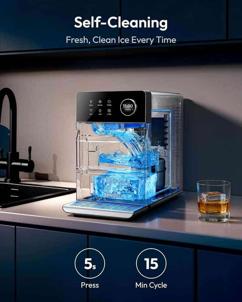 EUHOMY 2'' Clear Ice Cube Maker Countertop with APP, 2 Square Ice Ready in 27 Mins for Whiskey, Slow-Melting & Self-Cleaning, 110 Pcs/Day, 24H Timer, Clear Ice Maker with Ice Tong for Home/Bar/Party