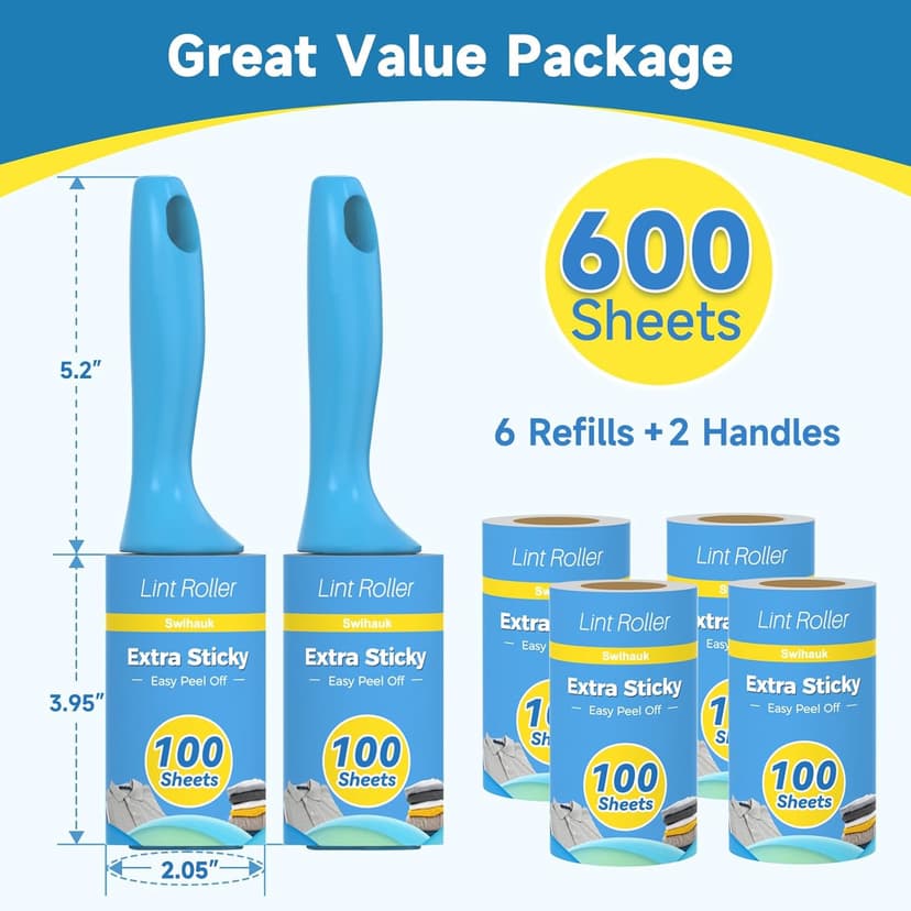 Swihauk 600 Sheets Extra Sticky Lint Rollers for Pet Hair, Easy Spiral Tear Lint Roller for Clothes with Ergonomic Handle, Multipurpose Lint Remover for Furniture, Carpet, Car Seat