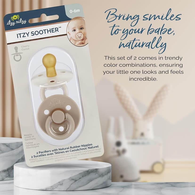 Itzy Ritzy Natural Rubber Newborn Pacifiers (Set of 2) – Baby Pacifiers with Cherry-Shaped Nipple & Large Air Holes for Added Safety; Set of 2 Binkies in Coconut & Toast (Ages 0 – 6 Months)