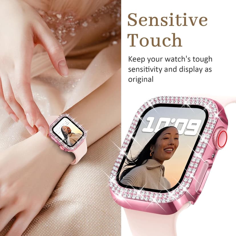 Newlibery Bling Watch Case with HD Screen Protector Women Compatible with Apple Watch 40mm Diamond Protective PC Face Cover Frame Protector for iWatch Series 6/5/4/SE/SE2/SE3 Pink