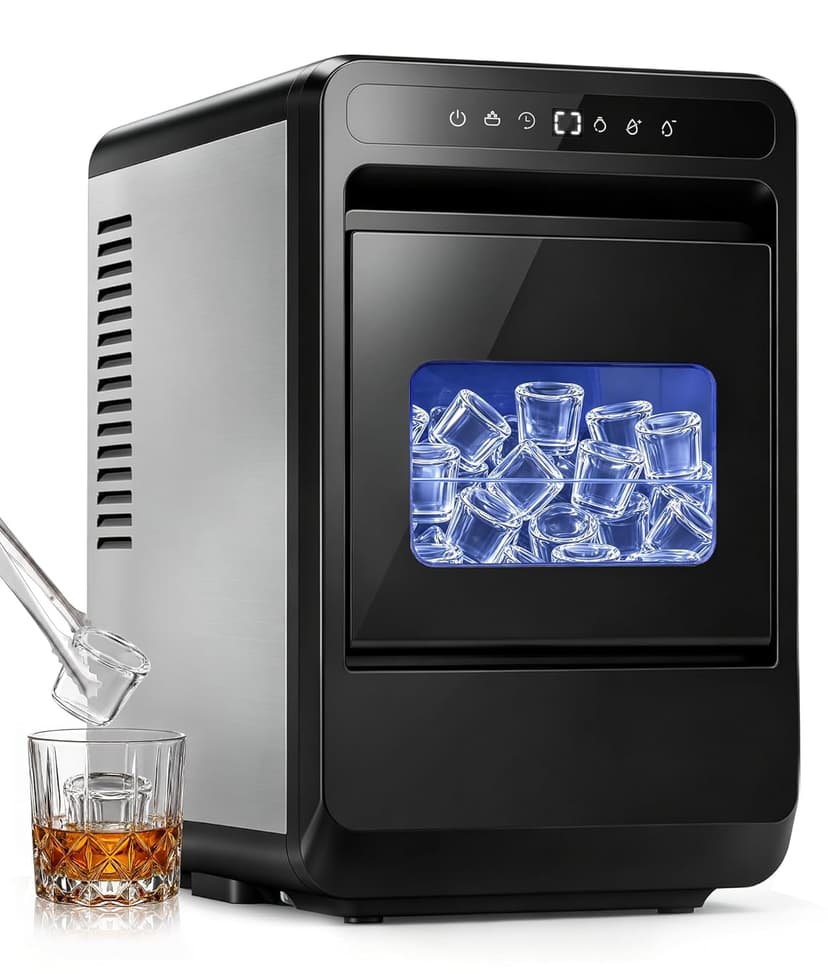 Clear Ice Cube Maker, 8 Crystal 1.2" Large Cubes in 20 Mins, Slow-Melting for Whiskey, 24H Timer, Self-Cleaning & Adjustable Thickness for Home Bar, Kitchen, Party