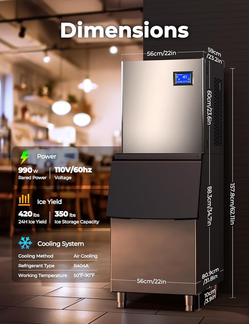 22" Commercial Nugget Ice Maker Machine 420LBS/24H with 350LBS Storage Bin, Nugget Ice Style, Air Cooled Powerfull Compressor, Industrial Nugget Ice Machine for Business