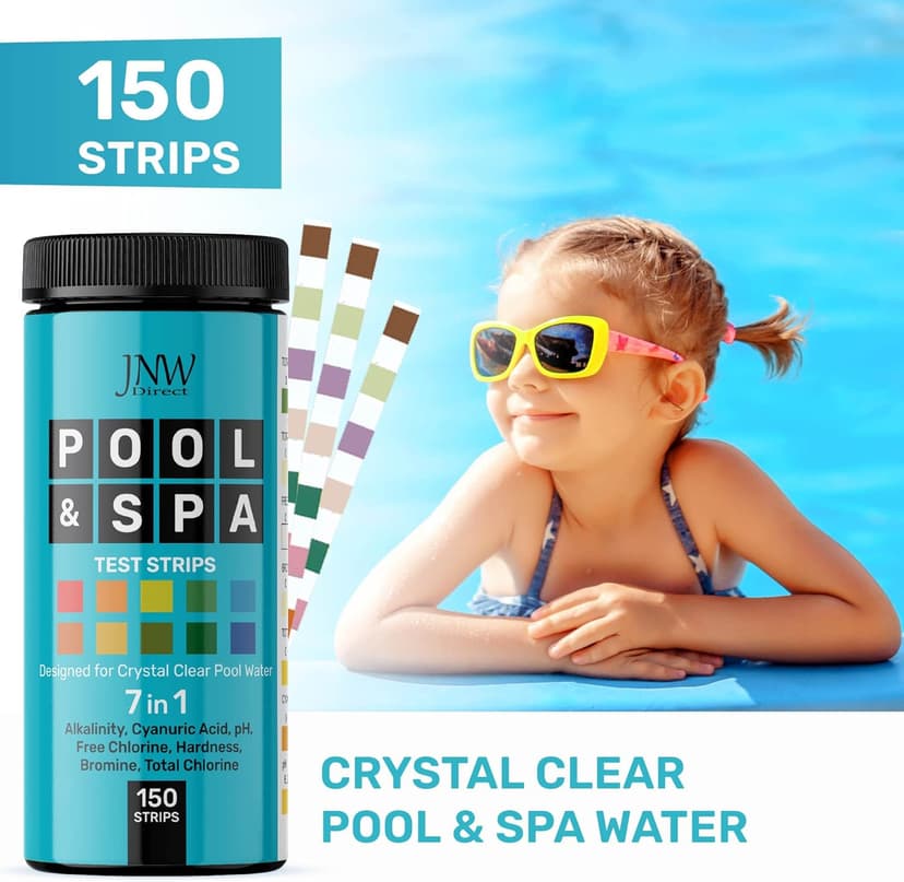 JNW 7-in-1 Pool Test Strips, 150 Quick & Accurate Test Strips for Pool Water, Spa Test Strips for Hot Tub, Chlorine Test Strips, Bromine, pH, Alkalinity, Hardness & More - Swimming Pool Test Kit