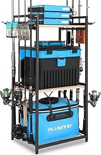 PLUSINNO 3 Tier Fishing Rod Holder, Fishing Pole Holders for Garage, Fishing Rod Rack Fishing Rod Storage Up to 8 Rods, Fishing Gear Tackle Box Fishing Equipment Organizers, Fishing Gifts for Men