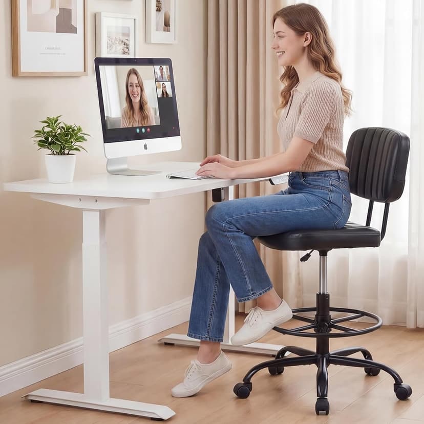 DUMOS Armless Drafting Chair, Low Back Office Seat with Adjustable Footrest Ring for Standing Desk, Ergonomic PU Leather Office Seating, Swivel Rolling High Stool for Studio, Lab, Counter, Black