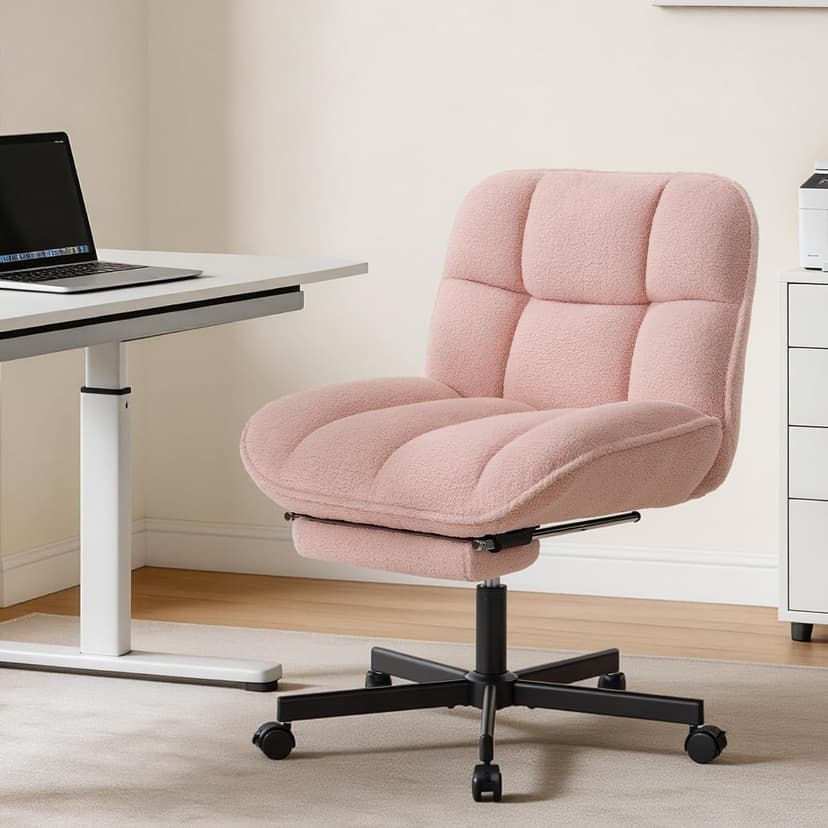 Criss Cross Office Chair with Foot Rest, Thick Cushioned Cross Legged Office Chair, Armless Wide Seat Reclining Desk Chair, Height Adjustable Criss Cross Chair for Home Office,Vanity, Pink