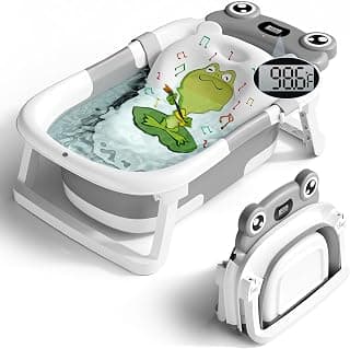 BUNWAG Baby Bathtub, Collapsible Newborn Bathtub for Infant to Toddler with Soft Cushion and Thermometer,Portable Travel Newborn Tub with No-Slip Feet, Baby Shower Gifts, 0-12 Months Baby Bath, Grey B0CTJXJL4T