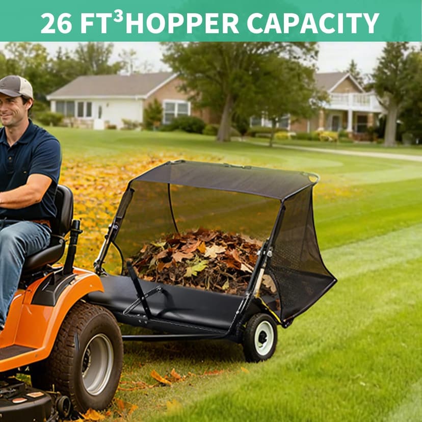 KARHDIR 52 in Tow Behind Lawn Sweeper, 26 cu.ft. Large Yard Sweeper, Adjustable Sweeping Height, Heavy Duty Leaf & Grass Collector with Dumping Rope, Pull Behind Sweepers for Debris Grass Clippings