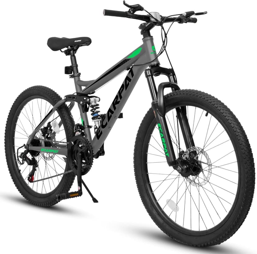 Ecarpat 24/26/27.5 Inch Mountain Bike, Full/Front Suspension Mens Boys Mountain Bike with 21 Speed Steel Frame and Dual Disc Brakes, Adult Sport Bicycle for Trail City Road, Gift Choice