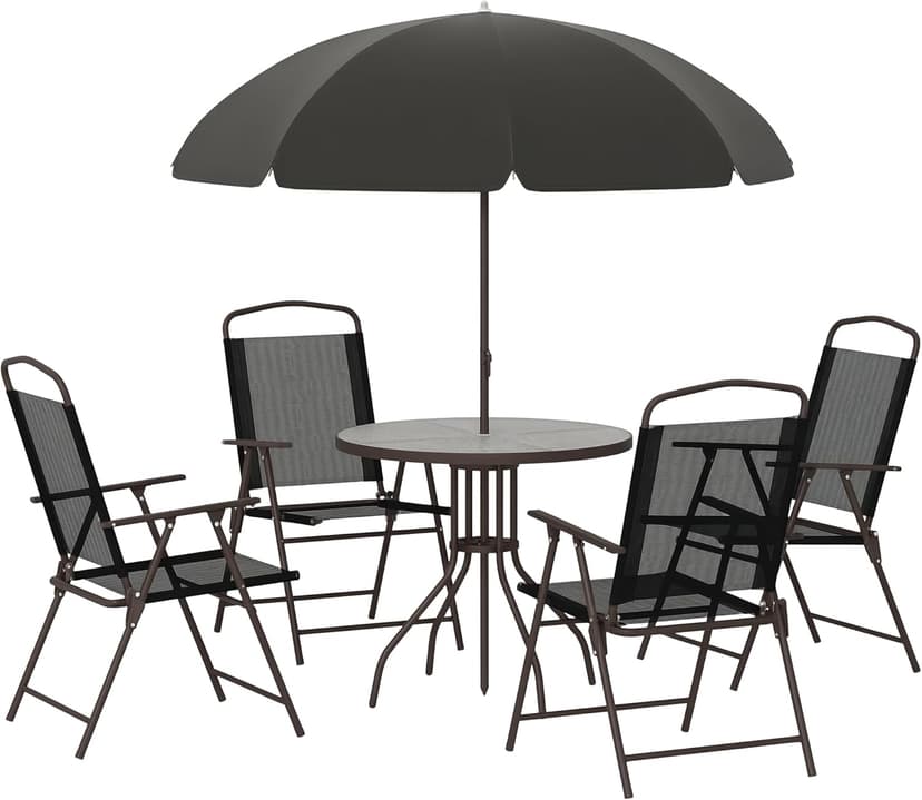 Outsunny 6 Piece Patio Dining Set for 4 with Umbrella, Outdoor Table and Chairs with 4 Folding Dining Chairs & Round Glass Table for Garden, Backyard and Poolside, Black and Coffee