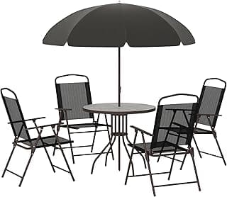 Outsunny 6 Piece Patio Dining Set for 4 with Umbrella, Outdoor Table and Chairs with 4 Folding Dining Chairs & Round Glass Table for Garden, Backyard and Poolside, Black and Coffee