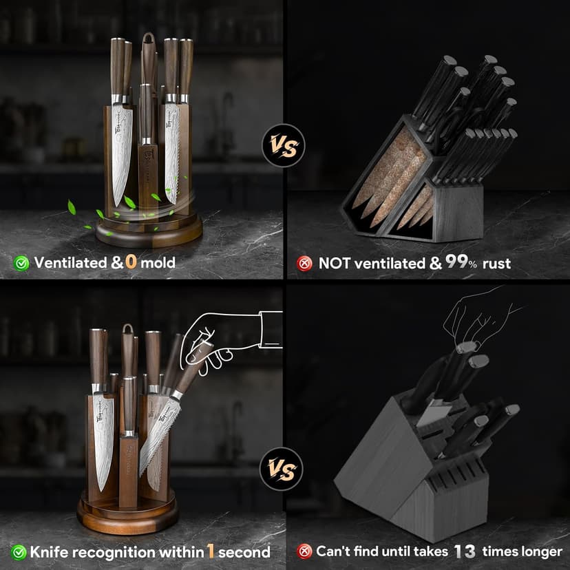 360° Rotatable Block, Japanese Style Chef Knife & Steak Knife Set with Sharpener, Wood Handle, Damascus Pattern, Ideal Gift SYOKAMI 14-Piece Kitchen Knife Set with Magnetic Block, New for 2026 B0CB122YV5