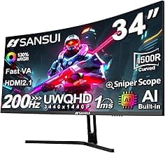 SANSUI 34-Inch Curved Gaming Monitor UWQHD 3440 x 1440P Up to 200Hz 165Hz Curved 1500R - PIP/PBP, OD 1ms, HDR, 300nits, sRGB 130%, DCI-P3 97%,AI Crosshair,HDMI2.1x2,DP1.4(Cable Included)