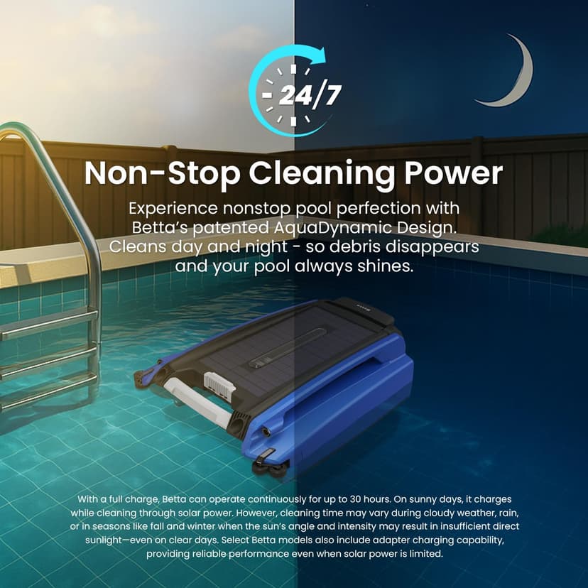 Betta SE Solar Powered Automatic Robotic Pool Surface Skimmer Cleaner with 24/7 Continuous Cleaning Battery Power and Re-Engineered Twin Salt Chlorine Tolerant Motors (Blue)