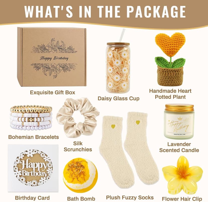 Birthday Gifts for Women, Unique Happy Birthday Gift Baskets for Teen Girls, Women, Her, Best Friend, Daughter, Sister, Self Care Package Cute Daisy Aesthetic Glass Cups Gift Box 9pcs Set B0FL1NQ5X4