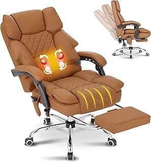 Kneading Massage Office Chair with Heated,90-135° Reclining Executive Office Chair with Footrest,Computer Desk Chair with Wheels,Diamond-Stitched Cushion Leather Office Chair,Brown