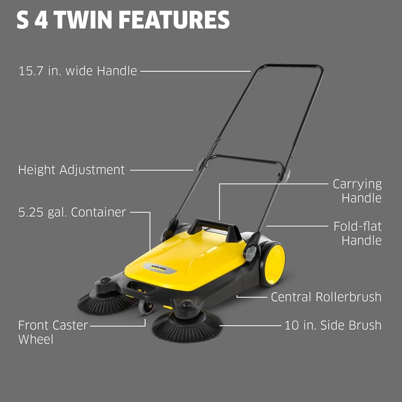 Kärcher Walk Behind Outdoor Push Sweeper S 4 Twin for Workshops, Warehouses or Garages - 5X Faster Than a Push Broom, 5.25 Gallon Capacity, 26.8" Sweeping Width