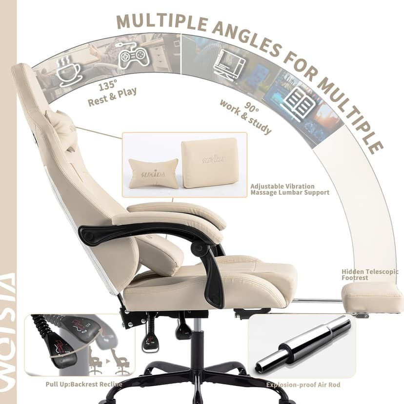 Gaming Chair with Footrest Ergonomic Computer Chair Massage Lumbar Cushion, Racing Video Game Chair Adjustable Rocker Recliner Executive Office Desk Chair Pu Leather for Adults