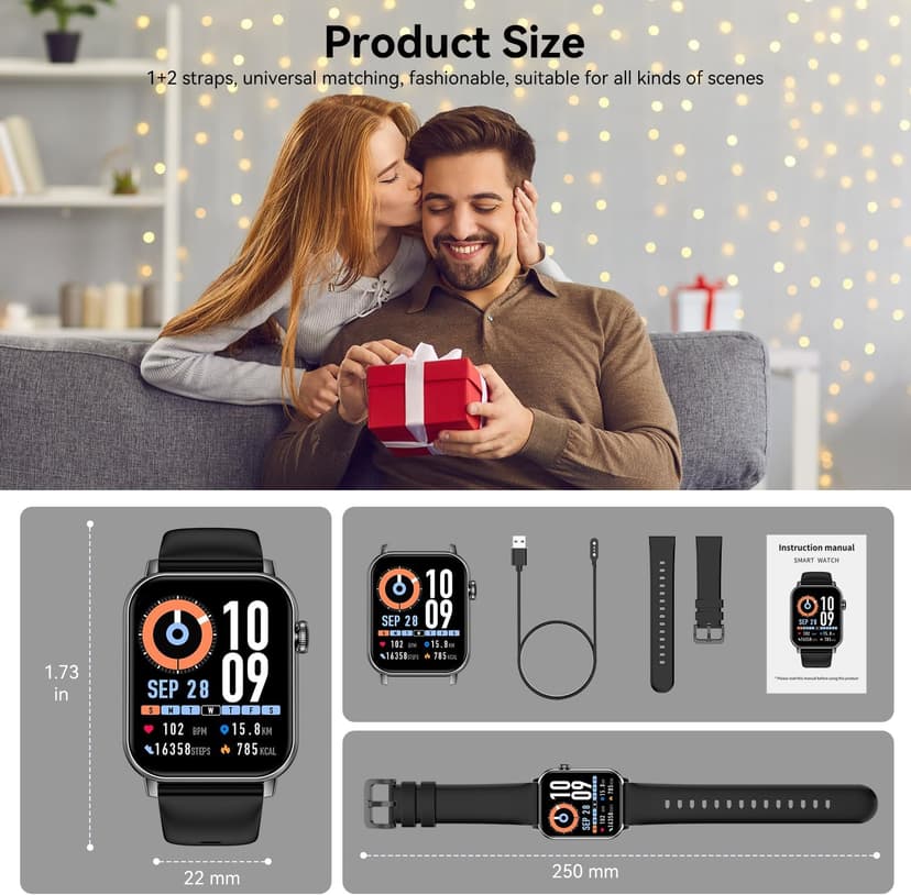 Smart Watches for Men Women, 1.83" HD Touchscreen Fitness Tracker with Bluetooth Calls, IP68 Waterproof, 120+ Sport Modes, 7-Day Battery, 24/7 Heart Rate & Sleep Monitor for iPhone Android iOS (Black)