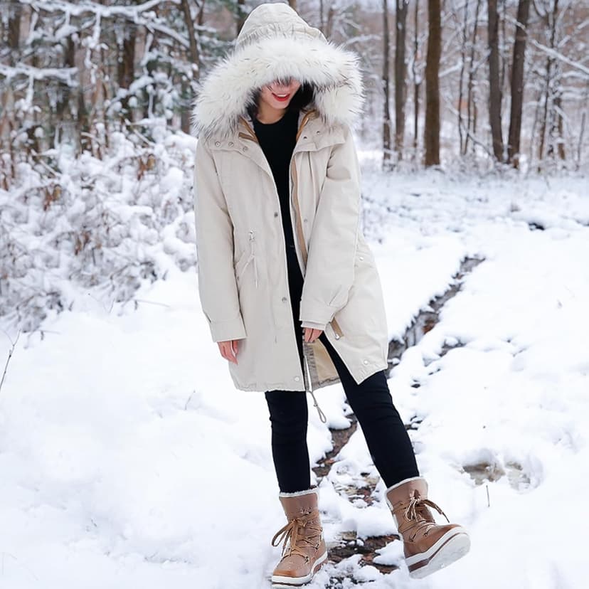 Rominz Women's Winter Snow Boots - Waterproof Black Fur Lined Warm Mid Calf Non-Slip Ankle Boots - White Lace-Up Platform