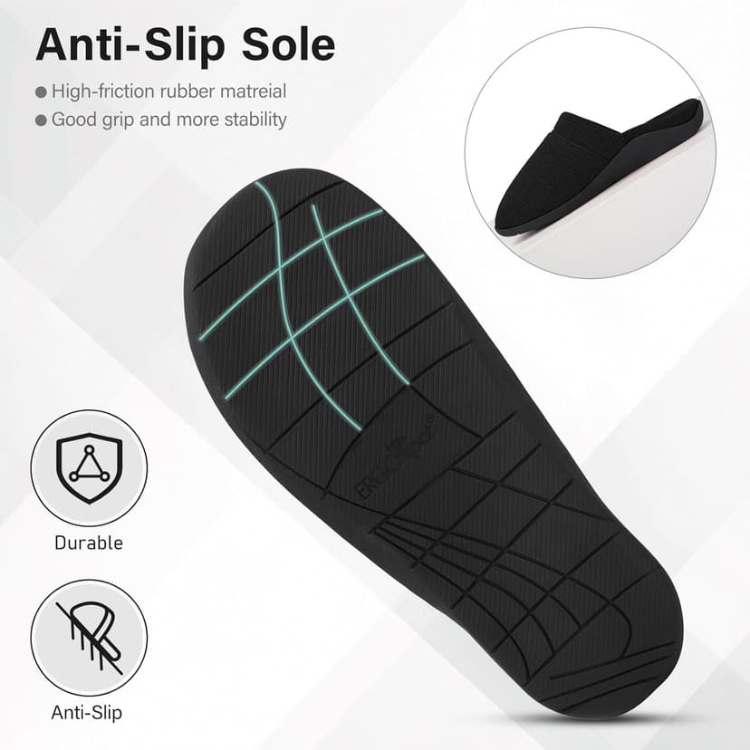 ERGOfoot Orthopedic Slippers for Women, Slip-On Style Summer Slipper with Arch Support, Cozy Comfy Scuff House Shoes for indoor and outdoor with Non-Slip Rubber Sole/Black W9