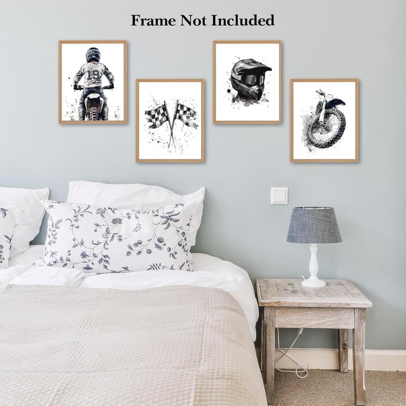 Motocross Wall Art MotoBike Art Prints Boy Room Decor Black&White Motorcycle Dirt Bike Motorcycle Helmet Canvas Pictures Artwork for Nursery Decor Kids Room Wall Decor,Set of 4(8”X10”inch,Unframed).