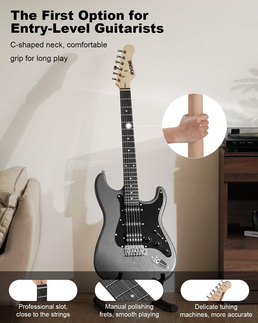 RVONE RST-150 39" Beginner Electric Guitar Kit with Amp & HSS Pickups | Complete Starter Set for Newcomers w/Essentials | Gig Bag, Extra Strings, Digital Tuner, Capo, Strap | Home Practice (Black)