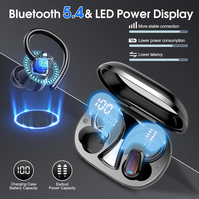 Wireless Earbuds, Headphones Sport Bluetooth 5.4, Over Ear Buds with ENC Noise Canceling Mic, Deep Bass Stereo Earphones with Hook, 50H Playback, LED Display, IP7 Ear Buds for Workout Running, Black