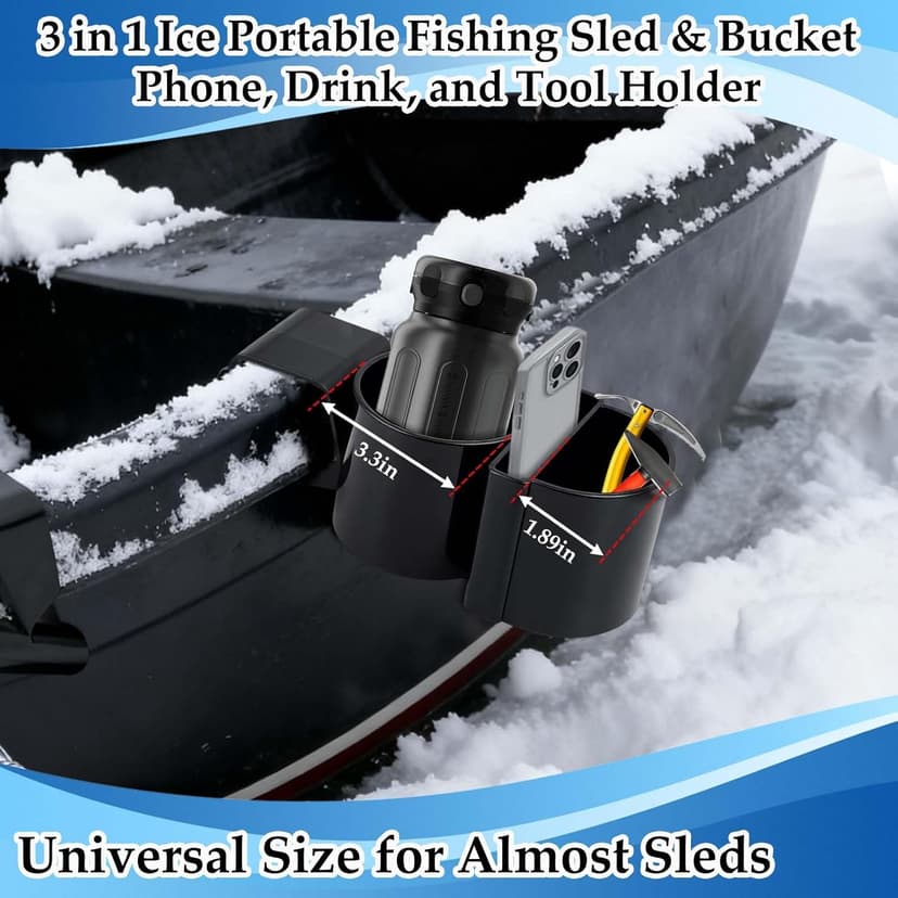 Upgraded Ice Fishing Sled Phone,Drink and Tool Holder 3 in 1 Plastic Ice House Sled Rod Holder Hands-Free Ice Fishing Bucket Holders Rack Gear Accessories Sturdy for Ice Sled Men Birthday Gift Black