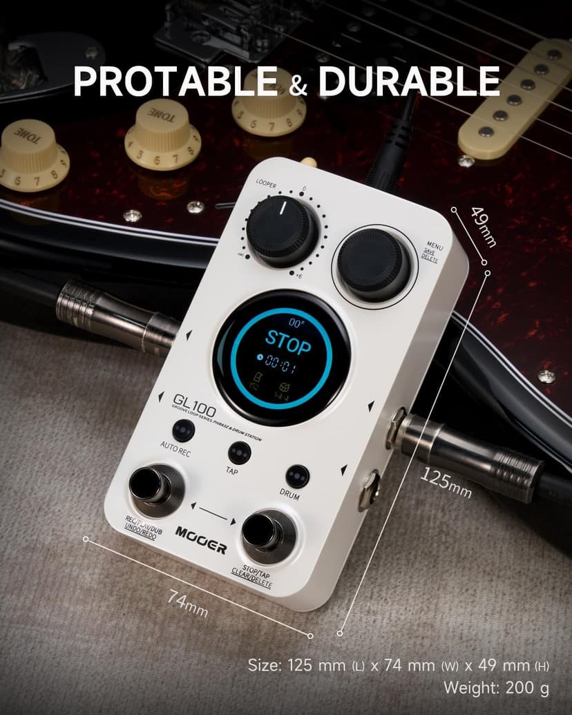 MOOER GL100 Looper Pedal Drum Machine, 2 in 1 Drum Looper Guitar Pedal 1.3-inch Touchsreen 100 Slots with 300 Minutes in Total Auto-record Time Stretch Function Dedicated Editor Software