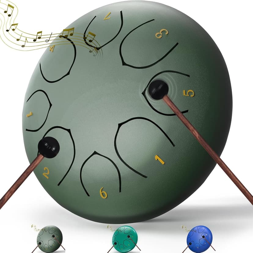 Rain Drum for Outside Garden, 6 Inches 8 Notes Steel Tongue Chakra Drums, Waterproof Meditation Rain Chime, Musical Instruments for Adult Gift with Bag, Music Book, Drum Mallets (Green) B0D9QJNPJ3