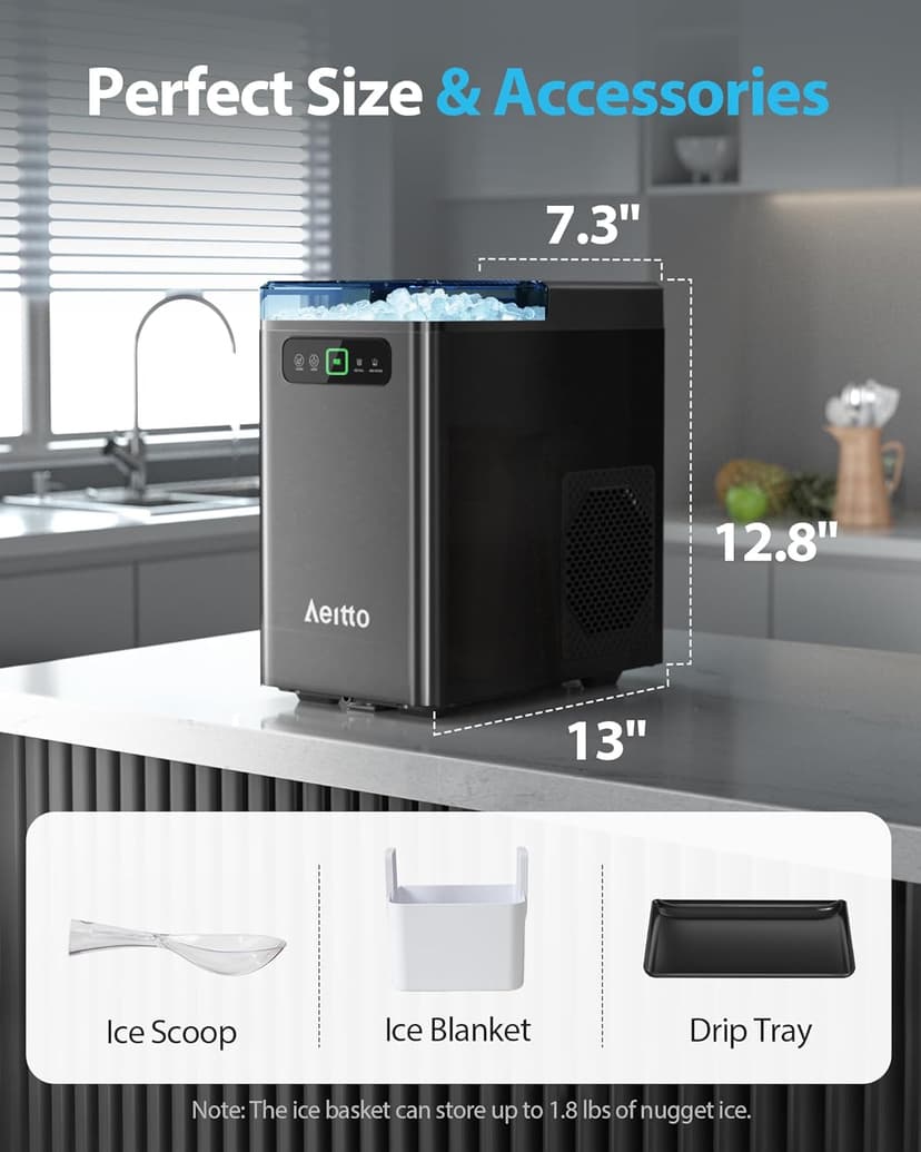 Aeitto Nugget Ice Maker 40Lbs/24H, Countertop Soft Chewable Ice Pebble Ice Machine, One-Click Operation, Auto Self-Cleaning Ice Makers with Scoop&Basket for Home, Office, Kitchen, Party (Black)