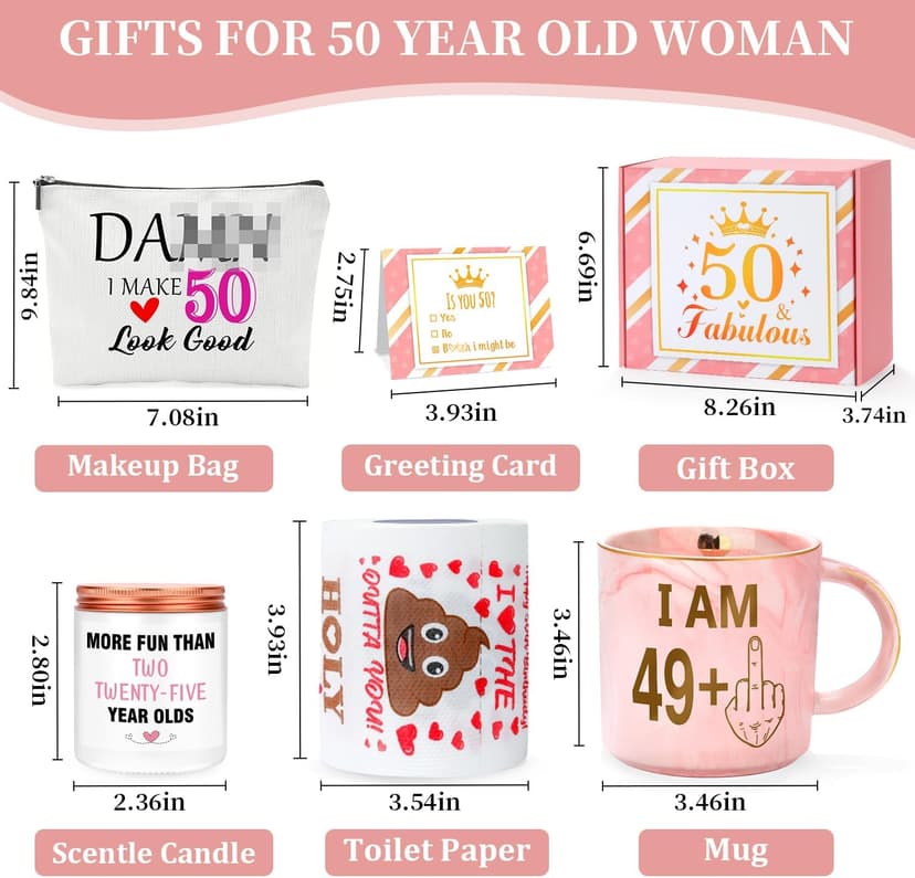 50th Birthday Gifts for Her Funny Happy 50th Birthday Decorations for Women 50 Year Old Gifts for Woman 50 and Fabulous Gift for Woman Sister Mom Best Friend Wife - Coffee Mug Makeup Bag Toilet Paper