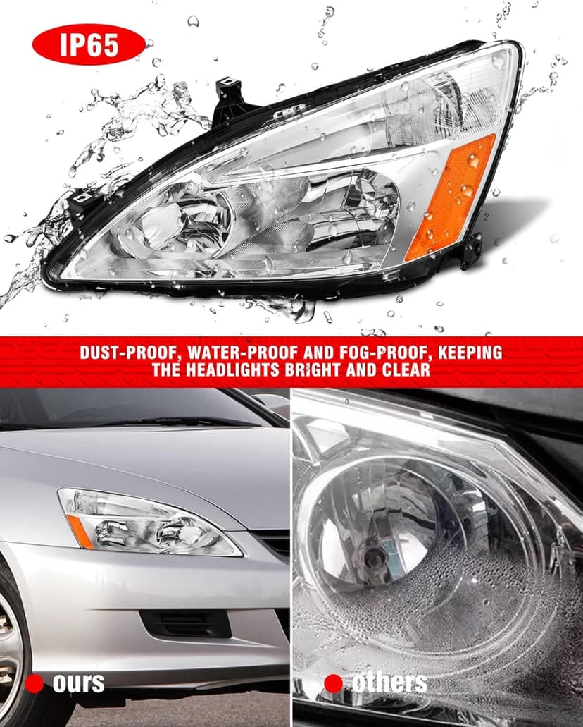 2003 2004 2005 2006 2007 Accord Headlight Assembly for 2003-2007 Honda Accord 2/4dr Clear Lens Chrome Housing with Amber Reflector Headlamp Replacement Left and Right Pair（W/O Bulbs）