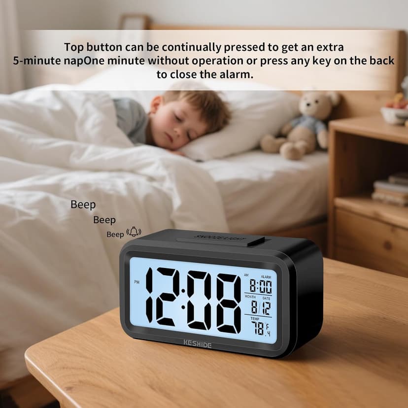KESHIDE Digital Alarm Clock Battery Operated with Indoor Temperature, Desk Small Clock,Snooze Model,12/24H Display for Bedrooms Heavy Sleepers Kids Travel Bathroom (Black)
