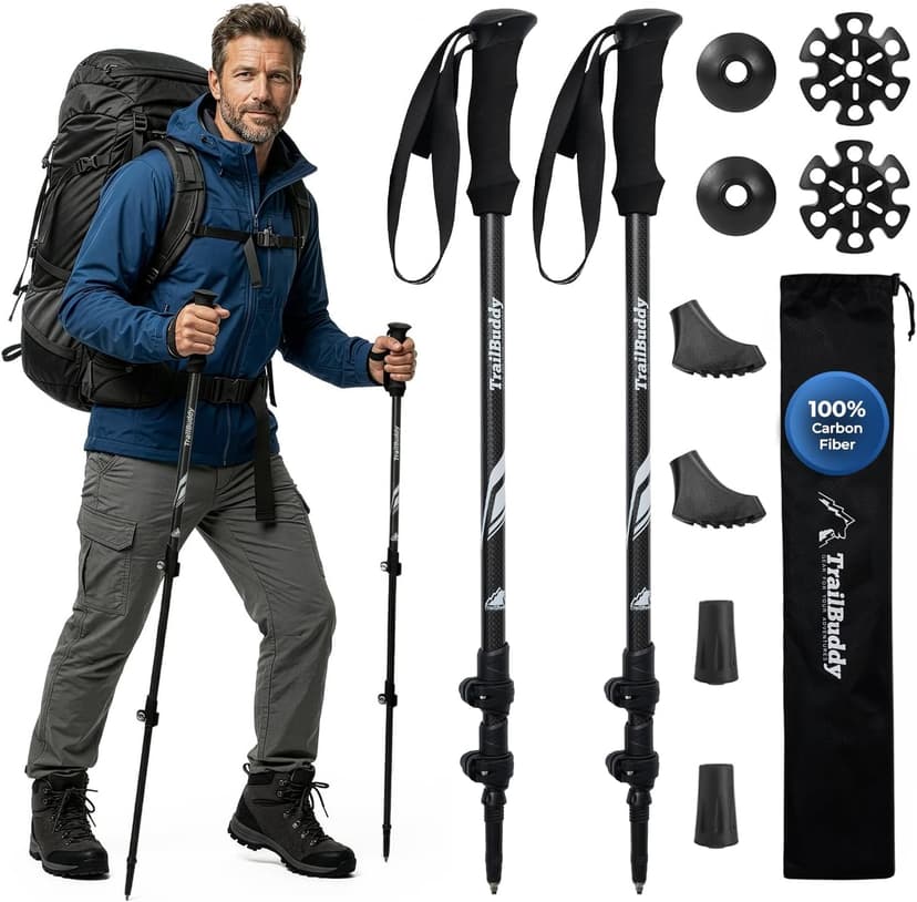 TrailBuddy 3K Carbon Fiber Hiking Poles - Collapsible Lightweight Trekking Poles for Hiking - Adjustable Walking Sticks for Women, Men, Seniors with All-Terrain Tips, Baskets & EVA Grips