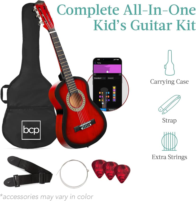 Best Choice Products 30in Kids Acoustic Guitar, All-in-One Beginner Starter Kit w/Strap, Case, Extra Strings, Rosette Inlay - Redburst