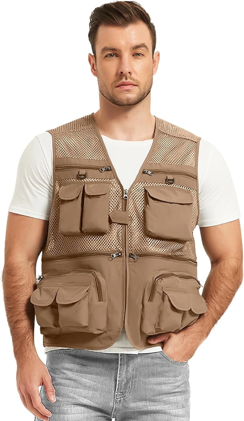 Flygo Men's Fishing Vest Utility Lightweight Outdoor Travel Safari Photo Cargo Vest with 16 Pockets