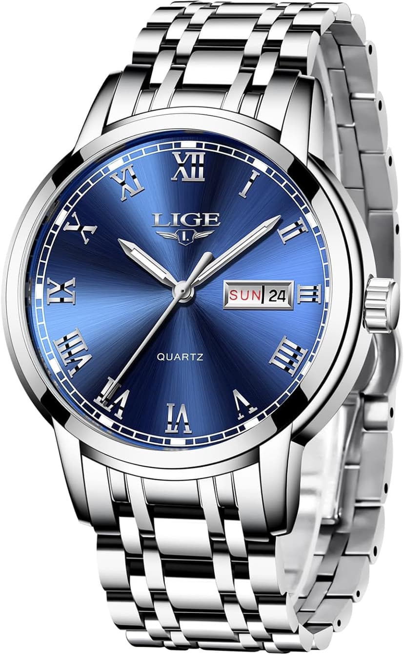 LIGE Mens Watch, Analog Men's Wrist Watches, Stainless Steel Style, Quartz Movement Calendar Function, 3ATM Waterproof, Clear Luminous Display, Business Social Matching