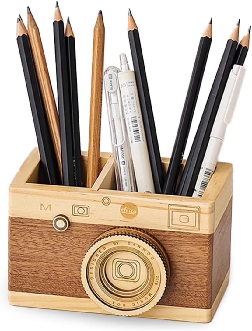 Vintage Wooden Camera Pencil Holder – Retro Desk Organizer for Pens & Stationery, Unique Photography Gift for Photographers, Creative Wooden Pen Holder for Office & Home Decor (Double slot) B0F4R7Z3M2
