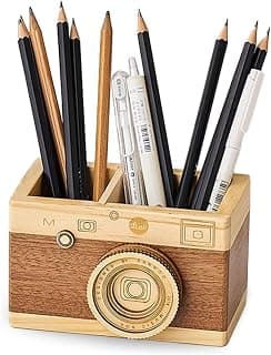 Vintage Wooden Camera Pencil Holder – Retro Desk Organizer for Pens & Stationery, Unique Photography Gift for Photographers, Creative Wooden Pen Holder for Office & Home Decor (Double slot) B0F4R7Z3M2