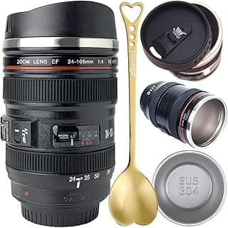 Camera Lens Coffee Mug with Slider Lid and Spoon– Realistic DSLR Thermos Cup, Novelty Gift for Photographers, Men & Women